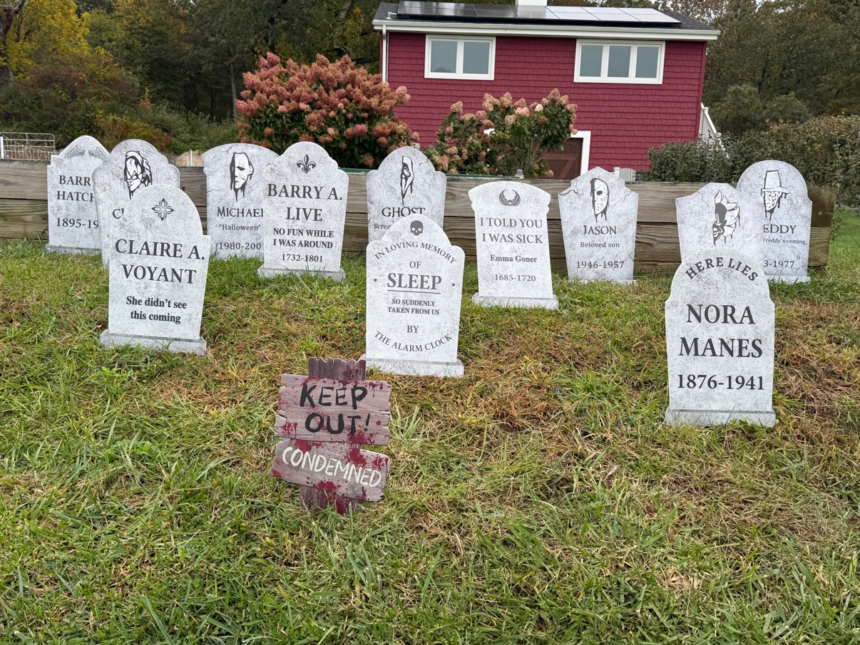 The festival graveyard of punny tombstones — Claire A. Voyant, who didn't see this coming, and Sleep, taken by the alarm clock