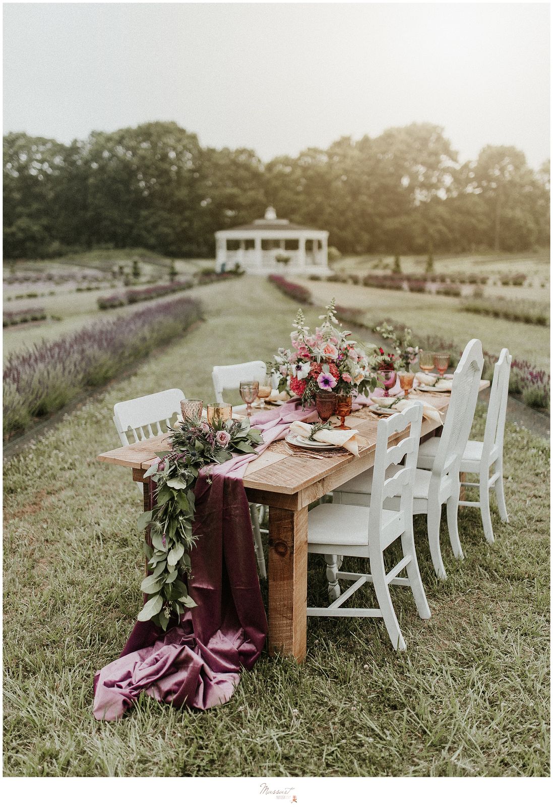 A styled celebration table in the lavender field
