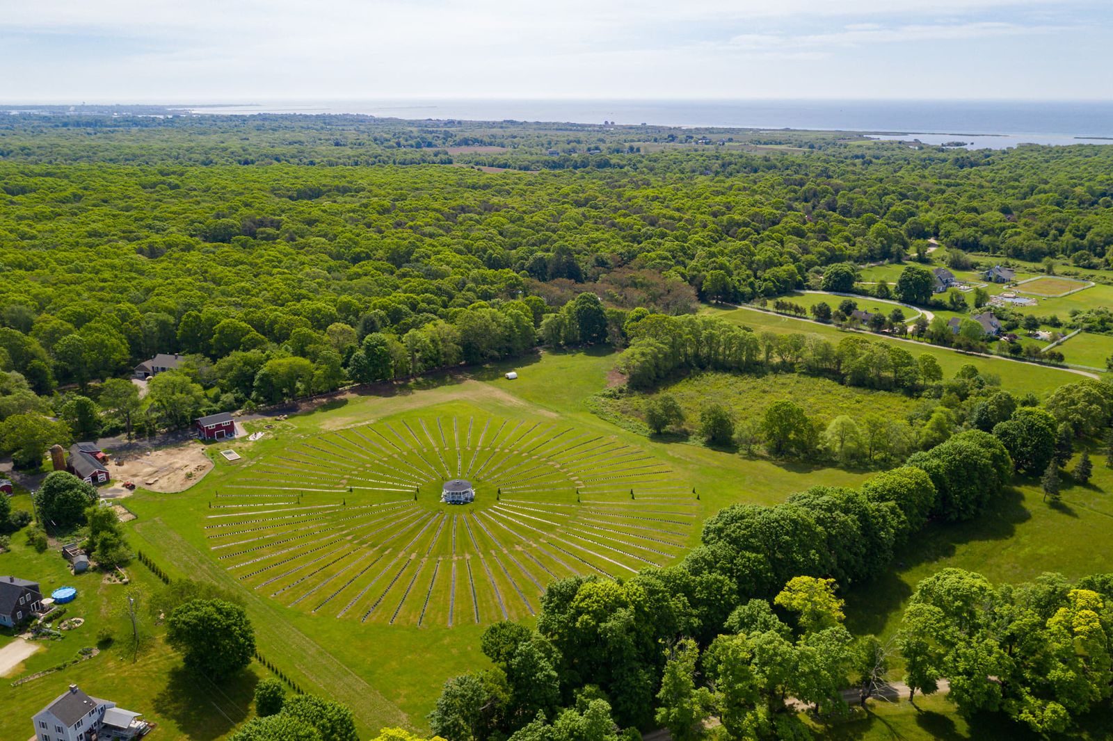 An aerial view of the lavender field's circular rows around the gazebo