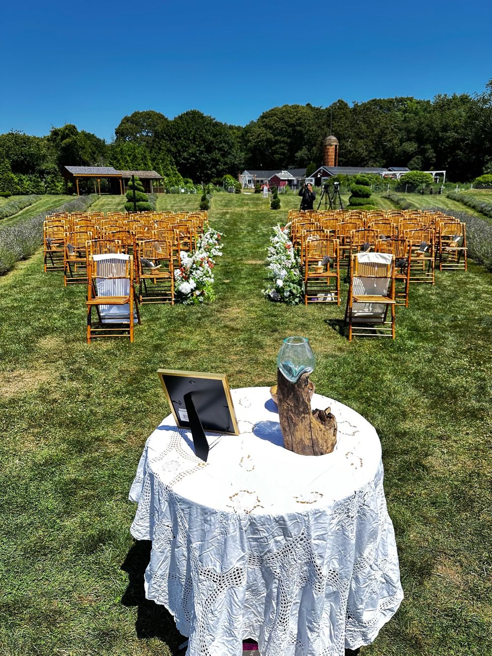 Looking back down the ceremony aisle from the gazebo toward the farm